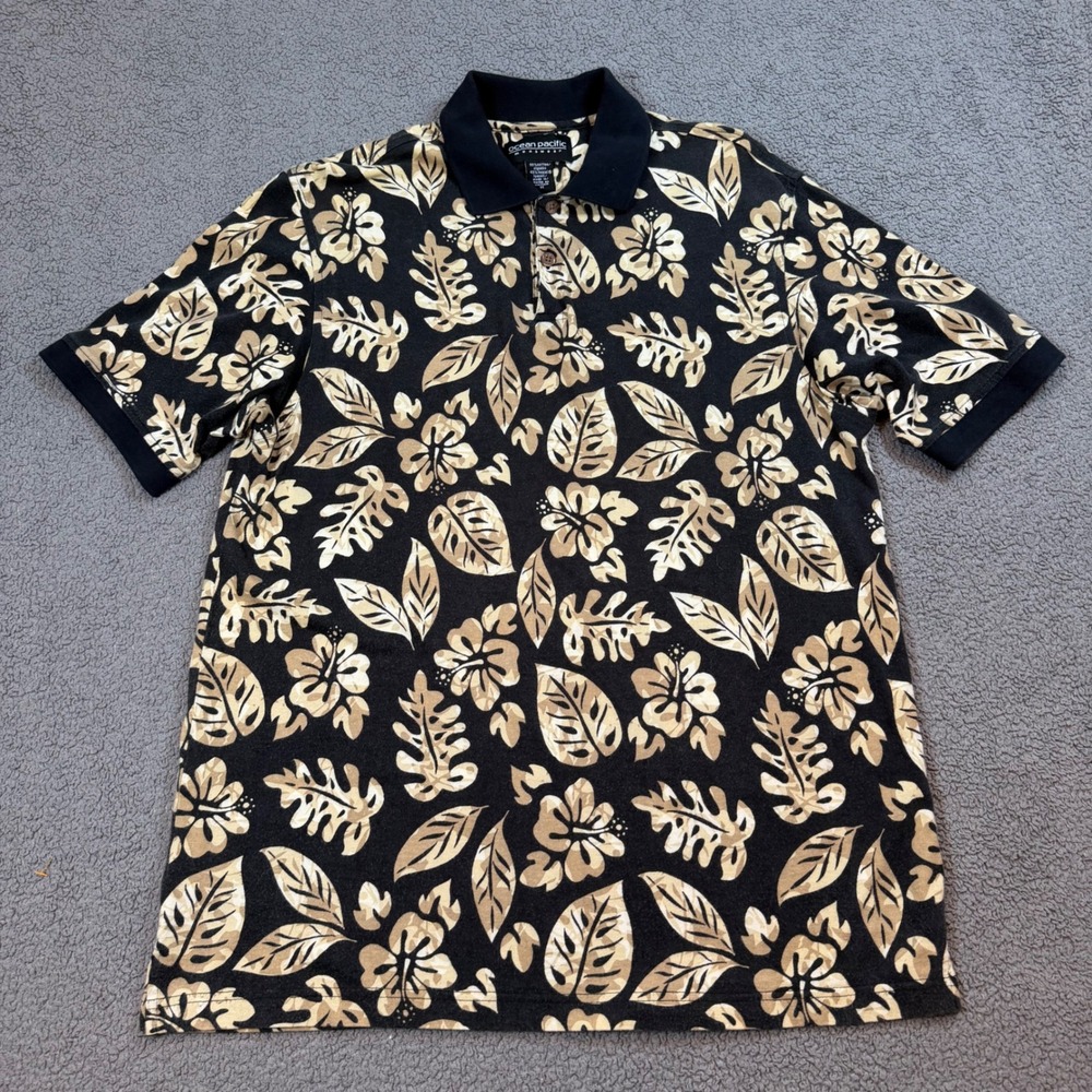 Ocean Pacific Mens M Polo Shirt Black Tan Tropical Hibiscus Floral Print Tencel